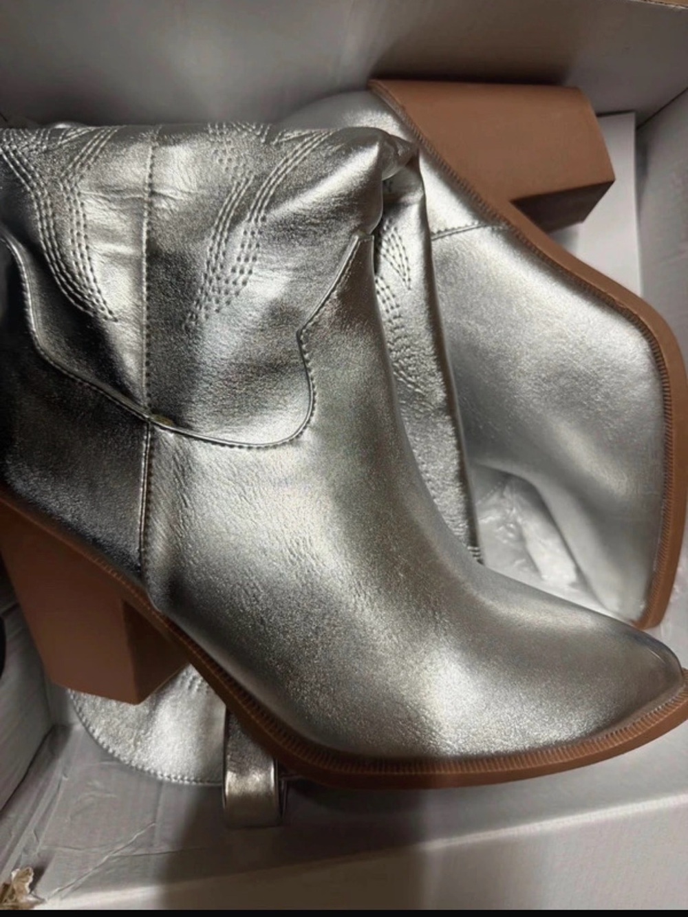 Metallic Silver mid calf Boots with Block Heel - Women